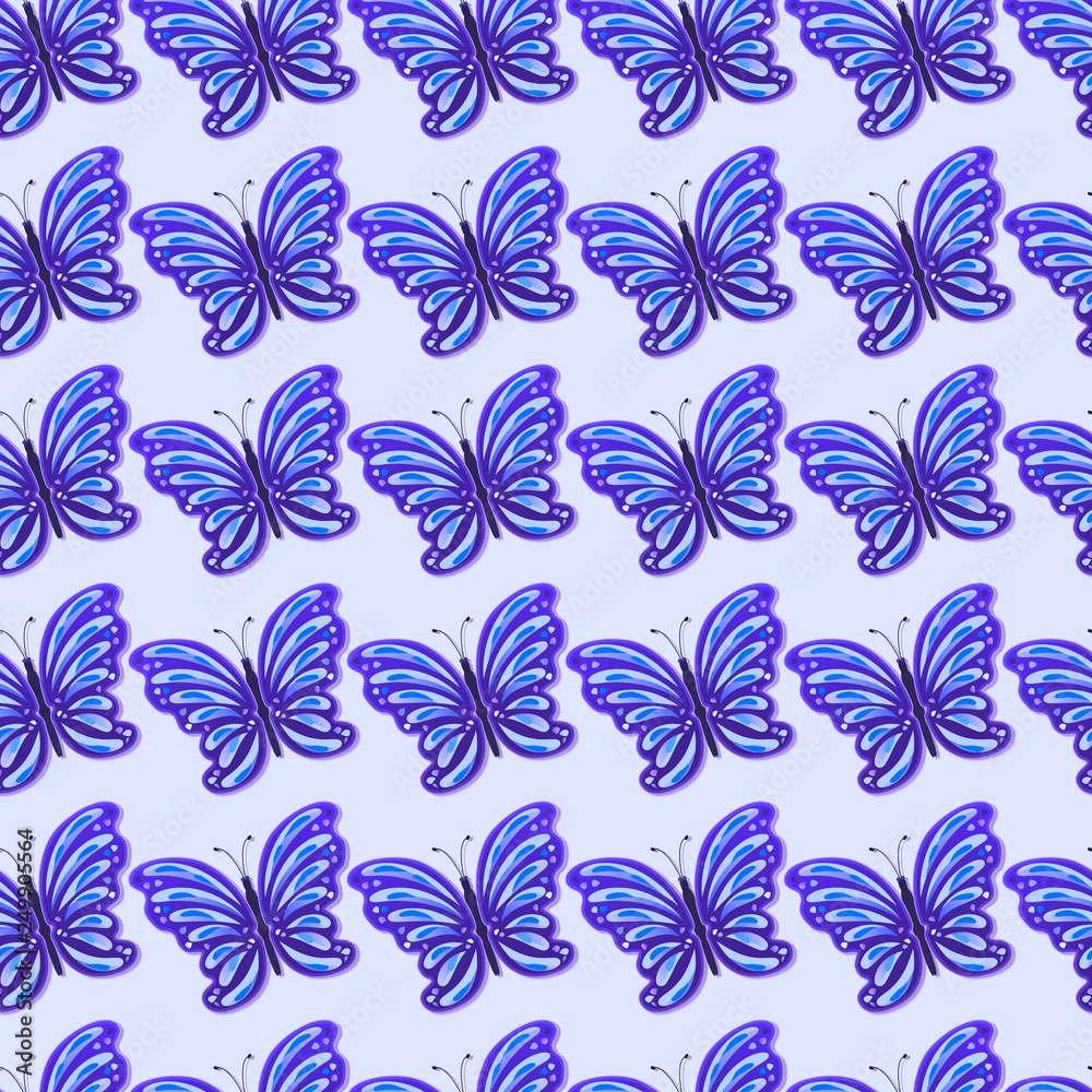 Abstract background of beautiful bright colorful butterflies with shadow. Seamless pattern. Vector illustration