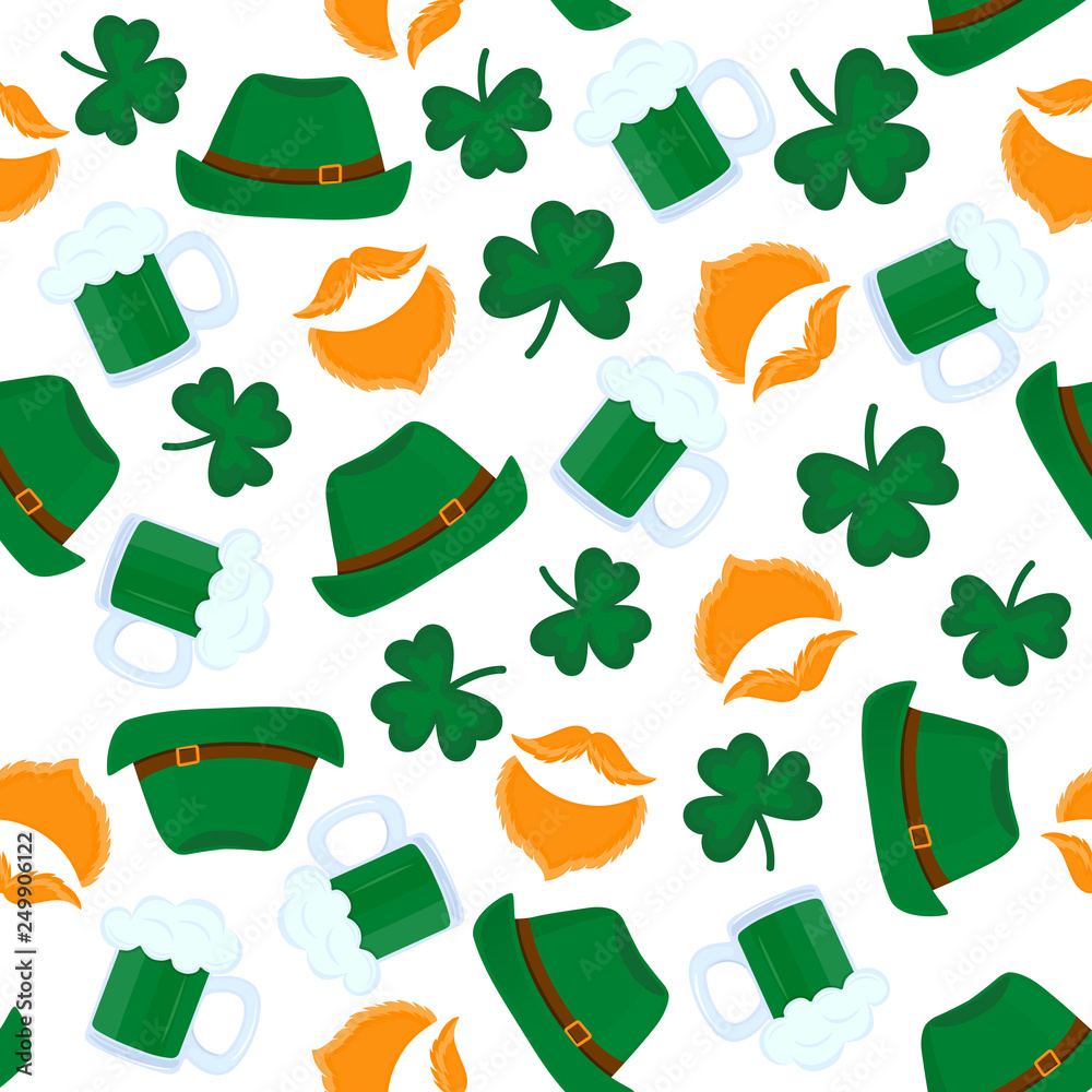 Happy St. Patrick's Day seamless pattern. Mug of beer, leprechaun's red beard, a shamrock, a green hat