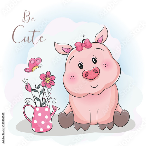 cute cartoon pig and flower with sky background
