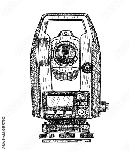 Tacheometer hand drawn illustration. Geodetic equipment, measuring instrument engraved style. Theodolite sketch isolated on white background.