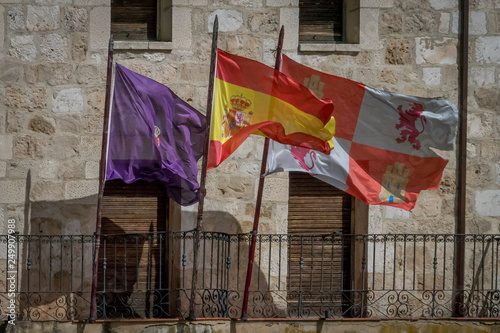 Flags of Spain, Castile and Leon and pendant in Gumiel de Izán. Burgos photo