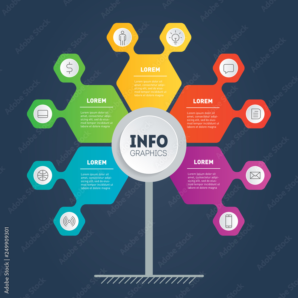 Business presentation concept with 5 options. Web Template of info chart or diagram. Vector infographic of technology or education process with 5 steps. Business presentation concept with 5 options. Web Template of info chart or diagram. Vector infographic of technology or education process with 5 steps.