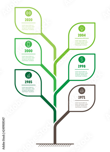 Vertical eco Business presentation concept with 6 options. Web Template of green tree, info chart or diagram. Vector infographic of bio technology process with 6 points.