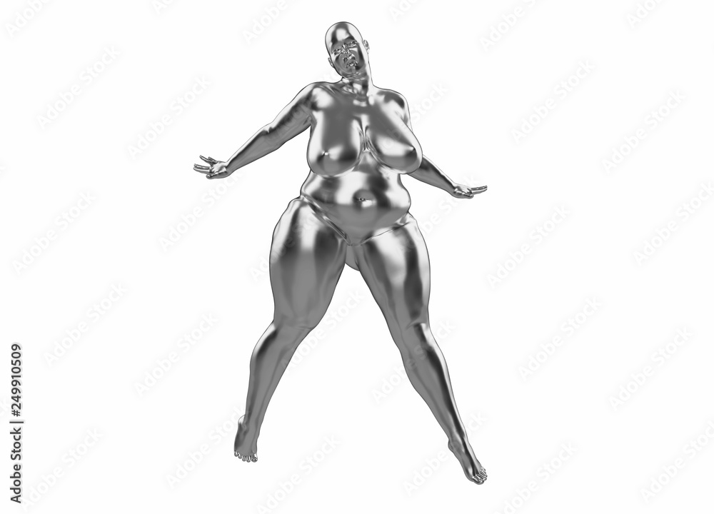 Fat girl made of silver. She stands spreading legs and arms in different directions. 3d illustration Concept. Example of obesity and healthy lifestyle issues