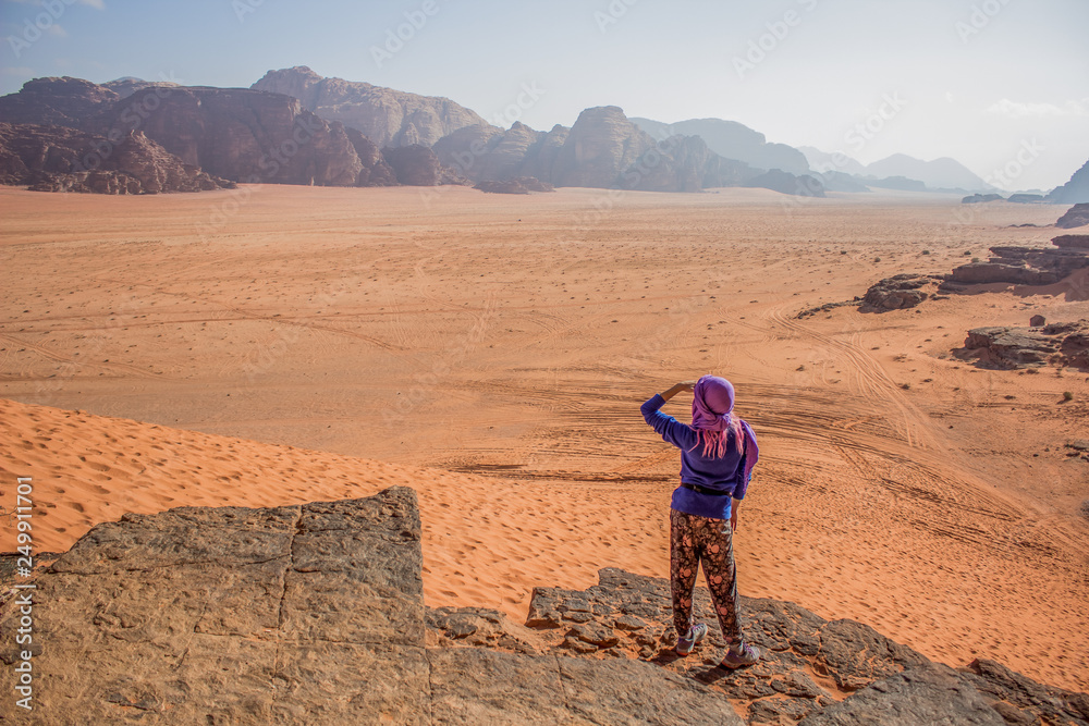 travel and discovery amazing concept photography of lonely girl sight with hand near face stay back to camera on edge of high rock with beautiful picturesque Middle East desert view 