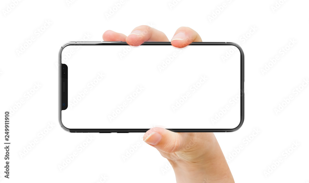 Woman hand holding modern smatphone mockup on white Woman hand holding modern smatphone mockup on white