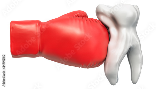 Tooth Pain concept. Tooth with boxing glove. 3D rendering photo