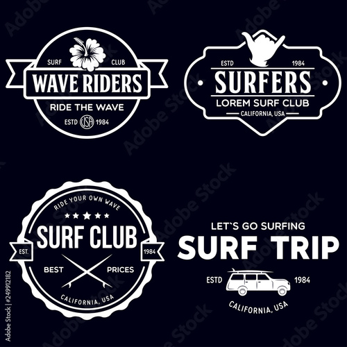 Vintage Surfing Emblems for web design or print. Surfer logo templates. Surf Badges. Summer fun. Surfboard elements. Outdoors activity - boarding on waves.