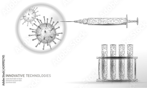 Low poly test tube virus syringe. Laboratory analysis medical disease infection treatment. Modern science technology medicine research banner template vector illustration