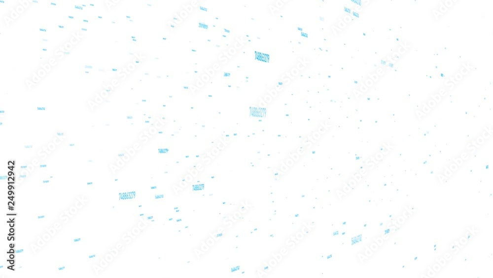 Blue digital numbers in motion on white background.