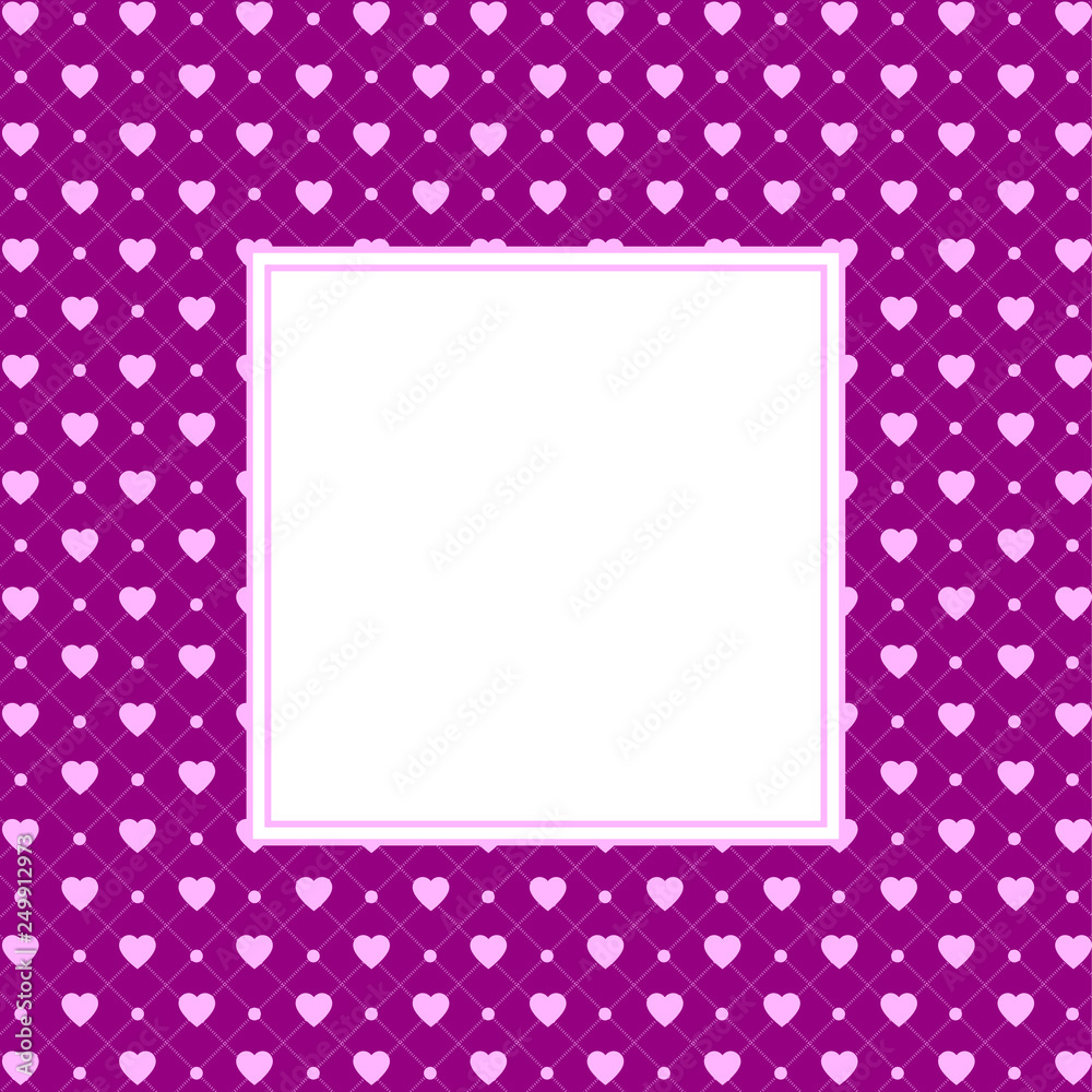 Hearts pattern background with frame in the shape of square for text. Valentine's day and Mother's day greeting card - pink, red colors. Banner, invitation or label