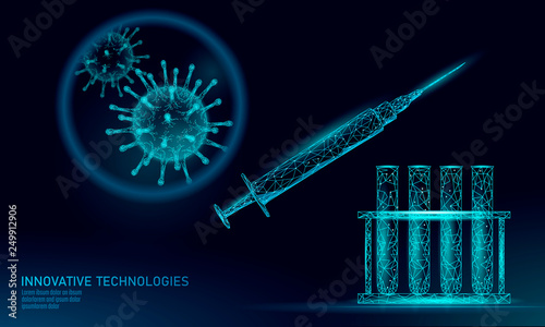 Low poly test tube virus syringe. Laboratory analysis medical disease infection treatment. Modern science technology medicine research banner template vector illustration