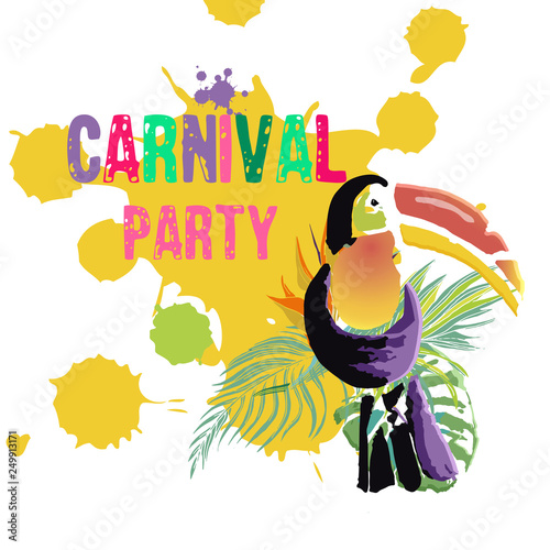 Hand drawn multicolor tropical background,grunge texture and toucan for Brazil carnival poster, greeting card, party invitation, banner or flyer. Vector Illustration