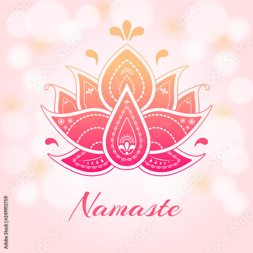 Fototapeta Beautiful indian gradient lotus with namaste. folk illustration on pink background