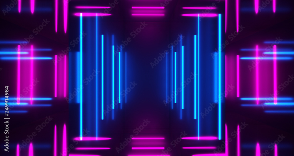 Highly Reflective Dark Sci Fi Futuristic Empty Room With A lot Of Neon Tube Blue And Purple Horizontal And Vertical Lights Glowing Technology Concept 3D Rendering Highly Reflective Dark Sci Fi Futuristic Empty Room With A lot Of Neon Tube Blue And Purple Horizontal And Vertical Lights Glowing Technology Concept 3D Rendering