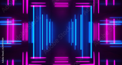 Highly Reflective Dark Sci Fi Futuristic Empty Room With A lot Of Neon Tube Blue And Purple Horizontal And Vertical  Lights Glowing Technology Concept 3D Rendering