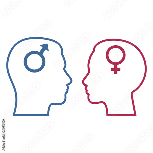 head silhouette of man and woman with gender sign on white background