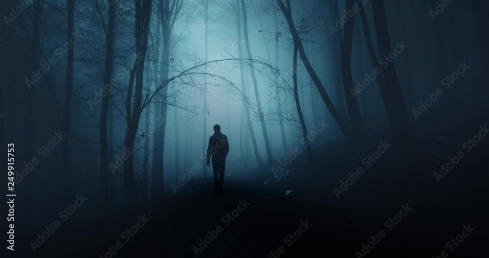 Man walking alone in dark blue foggy forest.