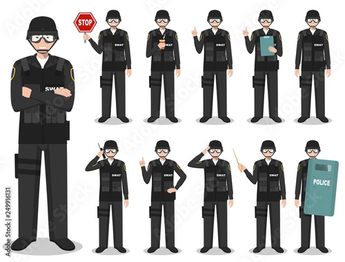 Police people concept. Detailed illustration of american policeman, sheriff, SWAT officer standing in different poses in flat style isolated on white background. Vector illustration.