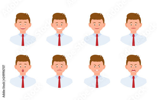 Emotional face cartoon character young office man design set. Happy, smiling, upset, surprised, sad, angry, shouting person flat concept on white background - Vector