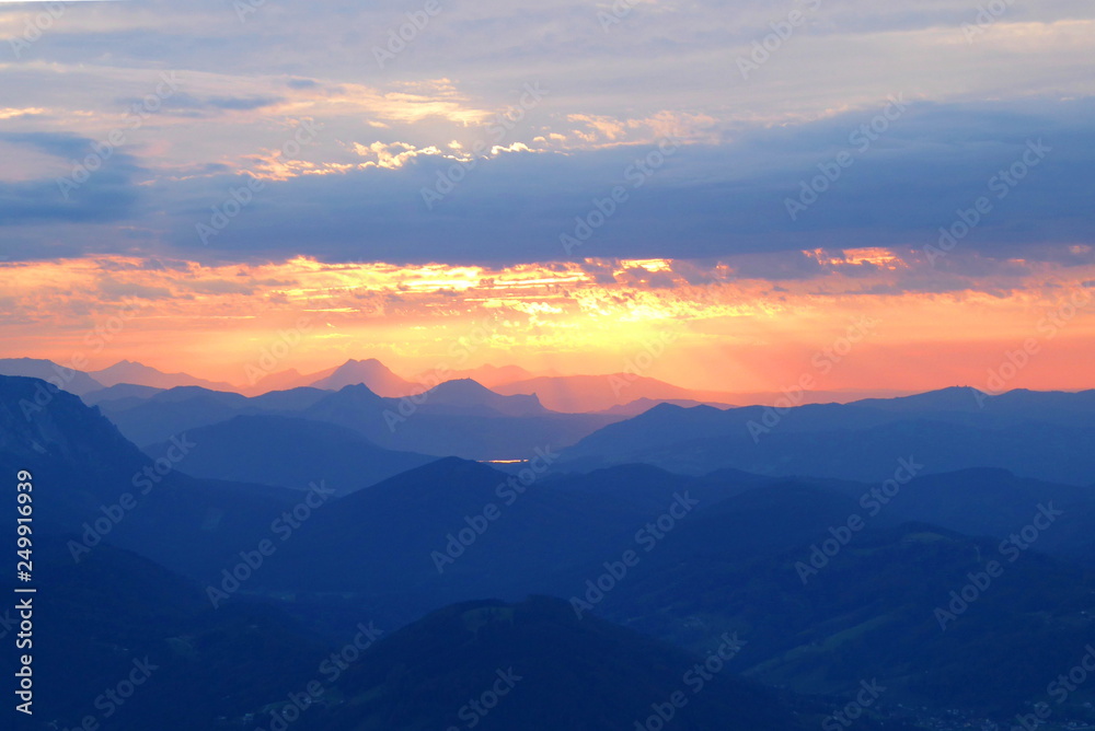Sunset over the Salzkammergut, seen from the Traunstein