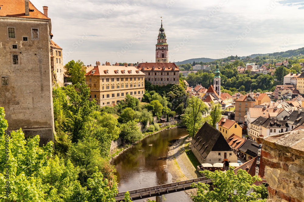 View of the Unesco World Heritage City Český Krumlov in the Czech Republic with historic buildings, churches and narrow streets in front of blue sky