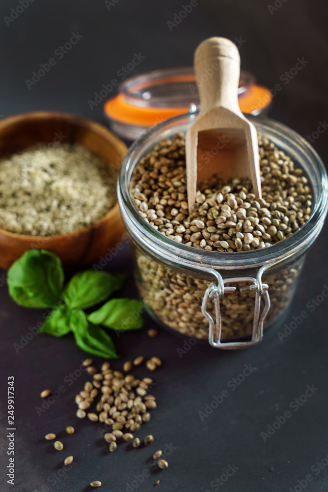 hemp seeds on the black background hemp seeds on the black background