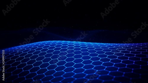 Abstract background with animation of waving surface from blinking hexagons. Technologic electricity backdrop. Seamless loop.