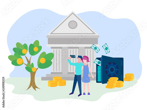 Young people take selfies in front of a safe with banknotes and a Bank.