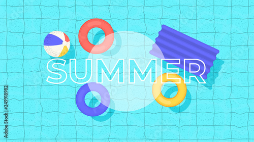 Swimming pool top view. Swimming circles, mattress and ball with logo. Vector Illustration for background, poster or banner.