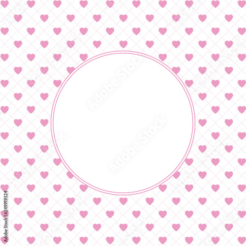 Fototapeta Naklejka Na Ścianę i Meble -  Hearts pattern background with frame in the shape of circle for text. Valentine's day and Mother's day greeting card - pink, red colors. Banner, invitation or label