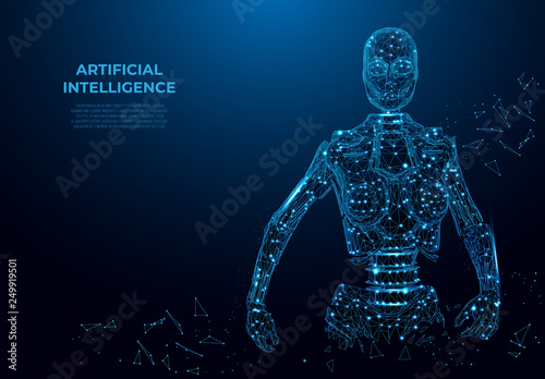 Artificial intelligence in virtual reality.Robot in the form of a starry sky or space, vector wireframe concept. Vector polygonal image, mesh art