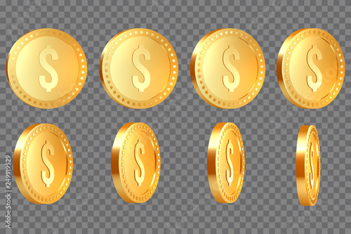 Set of 3d realistic golden metallic dollar coins
