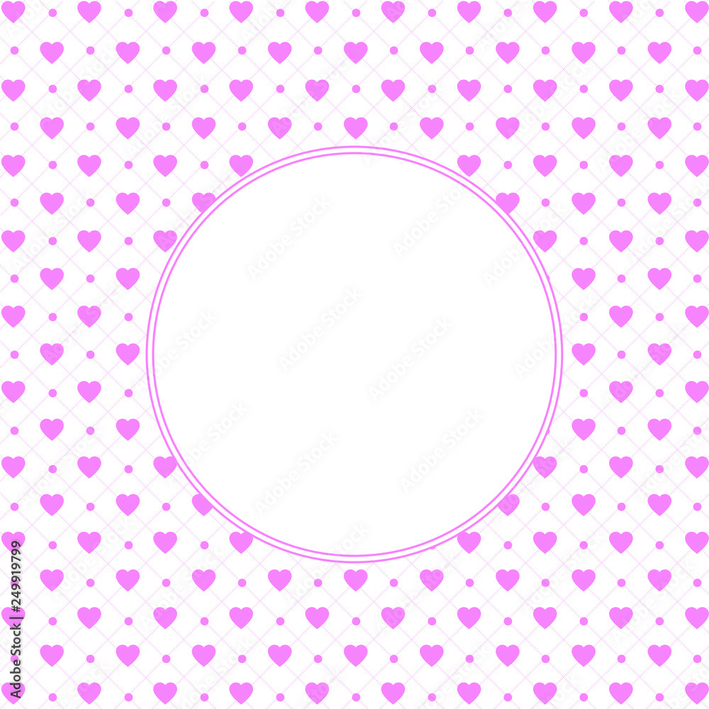 Hearts pattern background with frame in the shape of circle for text. Valentine's day and Mother's day greeting card - pink, red colors. Banner, invitation or label