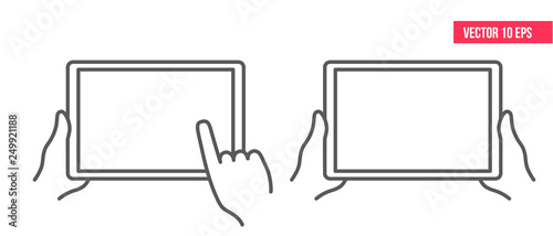 Hands holding tablet and touching blank screen. Line icon. Online technology