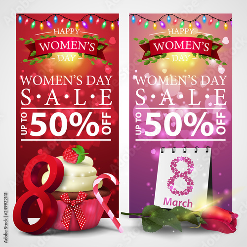 Two discount banners for women's day with garland, cupcake and rose