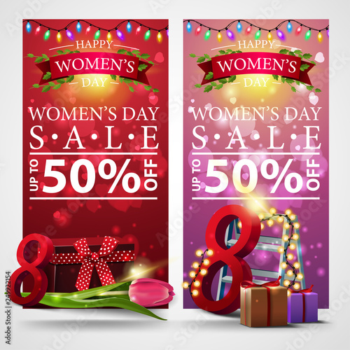Two discount banners for women's day with garland, gifts and Tulip