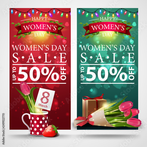 Two discount banners for women's day with garland, tulip in a mug and bouquet of tulips