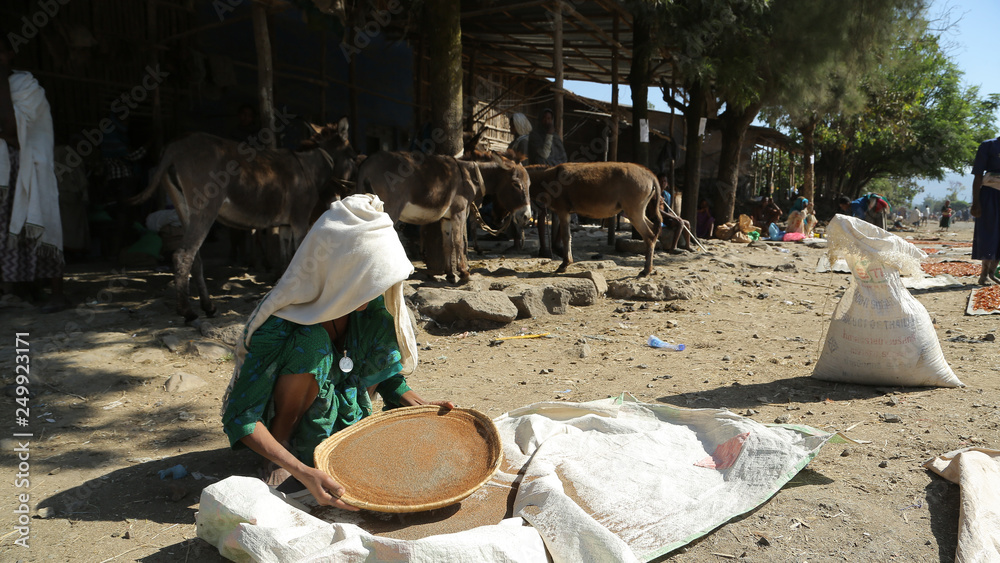 Mujer cribando comida en Etiopía Mujer cribando comida en Etiopía