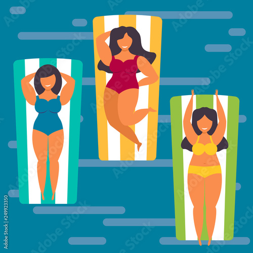 fat girls in swimsuits swim on inflatable mattresses. vector