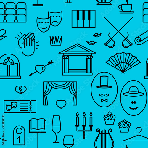 drama theatre, seamless pattern with linear icons on blue background. vector illustration.