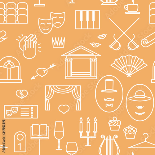drama theatre, seamless pattern with linear icons on beige background. vector illustration.