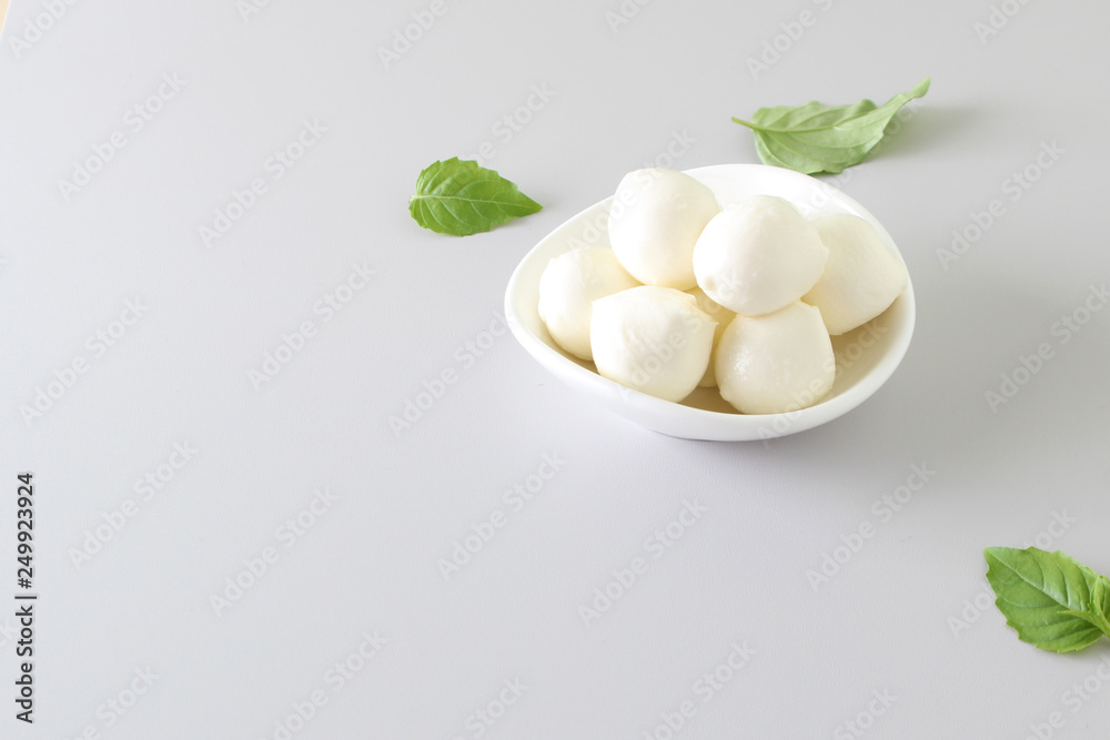 mozzarella cheese on a light gray basil background mozzarella cheese on a light gray basil background