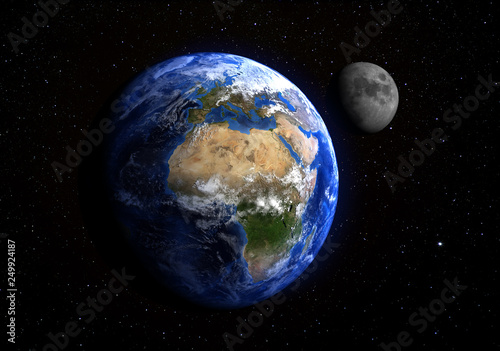 The Earth and the Moon from space showing Europe and Africa. Stars in the background. Elements of this image furnished by NASA