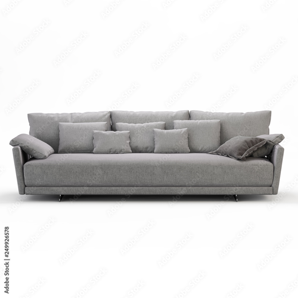 Fototapeta premium Three-seater sofa with pillows on a white background 3d rendering