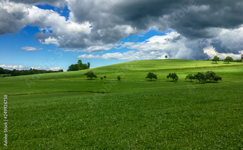 Grüne Hügel, Bäume, blauer Himmel mit dunklen Wolken