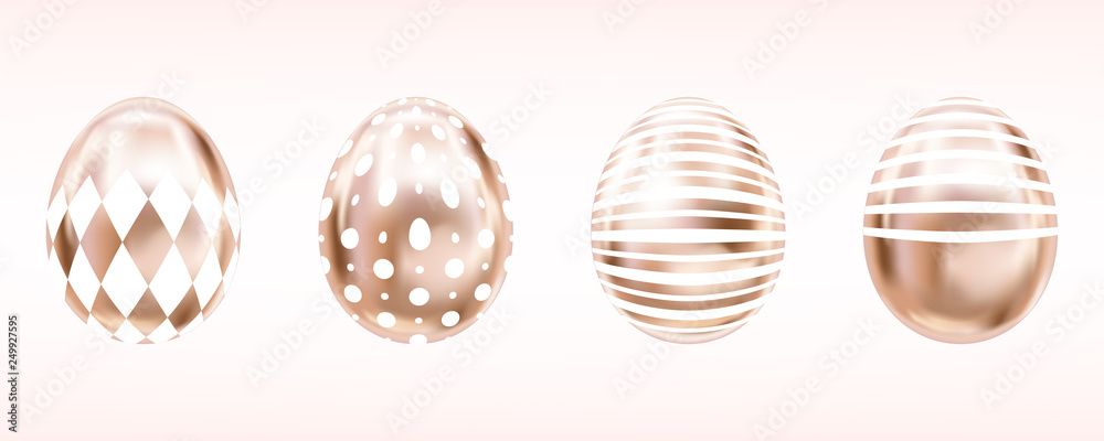 Four glance metallic eggs in pink color with white rumb, dots and stripes. Isolated objects for Easter