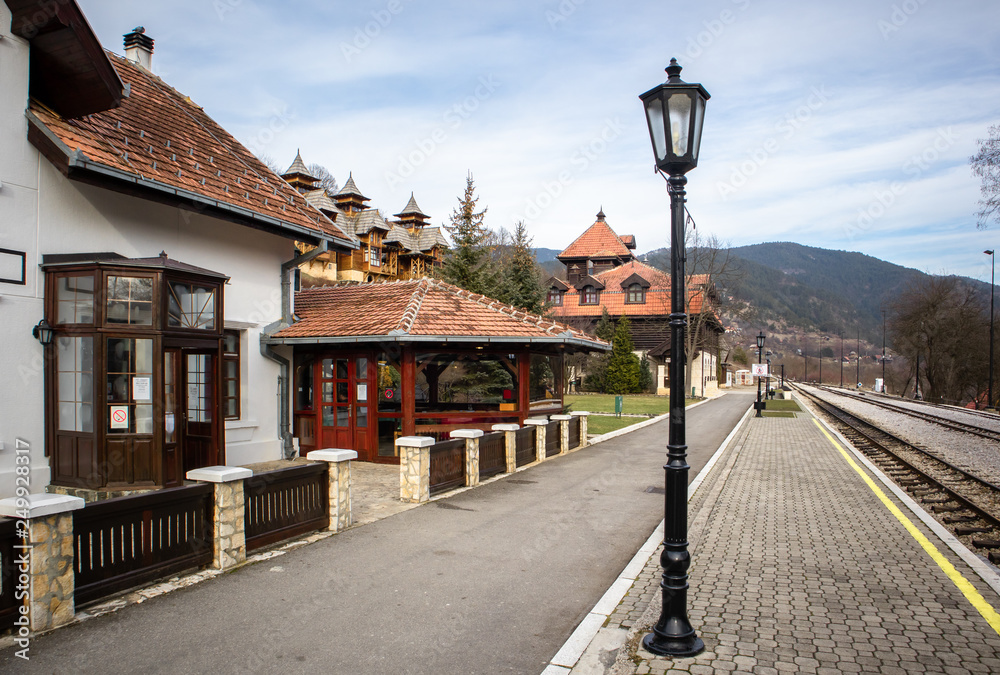 Old railroad station with narrow gauge railway track, popular tourist attraction known as sarganska osmica in Mokra Gora village in Serbia. Old railroad station with narrow gauge railway track, popular tourist attraction known as sarganska osmica in Mokra Gora village in Serbia.