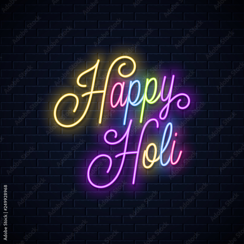Holi vintage neon lettering. Happy holi neon