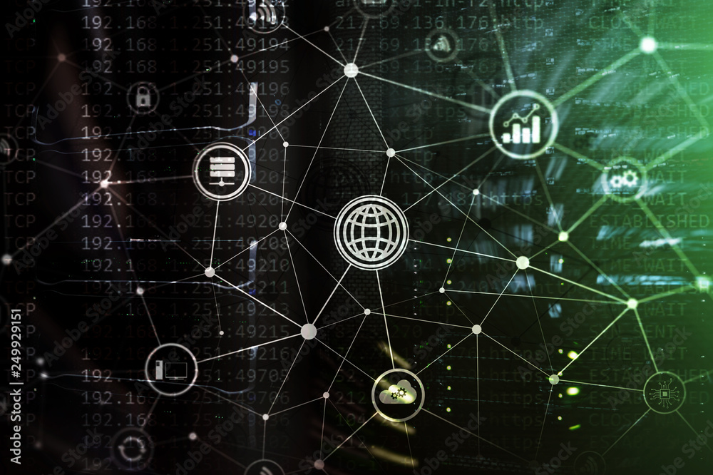 ICT - information and telecommunication technology and IOT - internet of things concepts. Diagrams with icons on server room backgrounds.